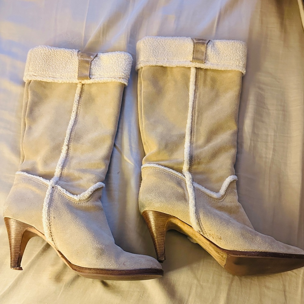 Banana Republic Boots Heels Suede Tan Knee High Shearling Boots Round Toe Size 9